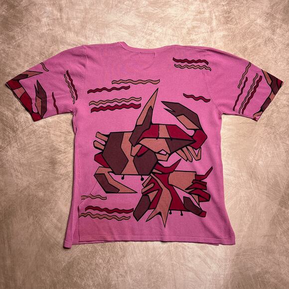 Vintage Y2K Tian Di Geometric Crab Graphic Print Woven Knit Top Tessellation - Picture 2 of 7